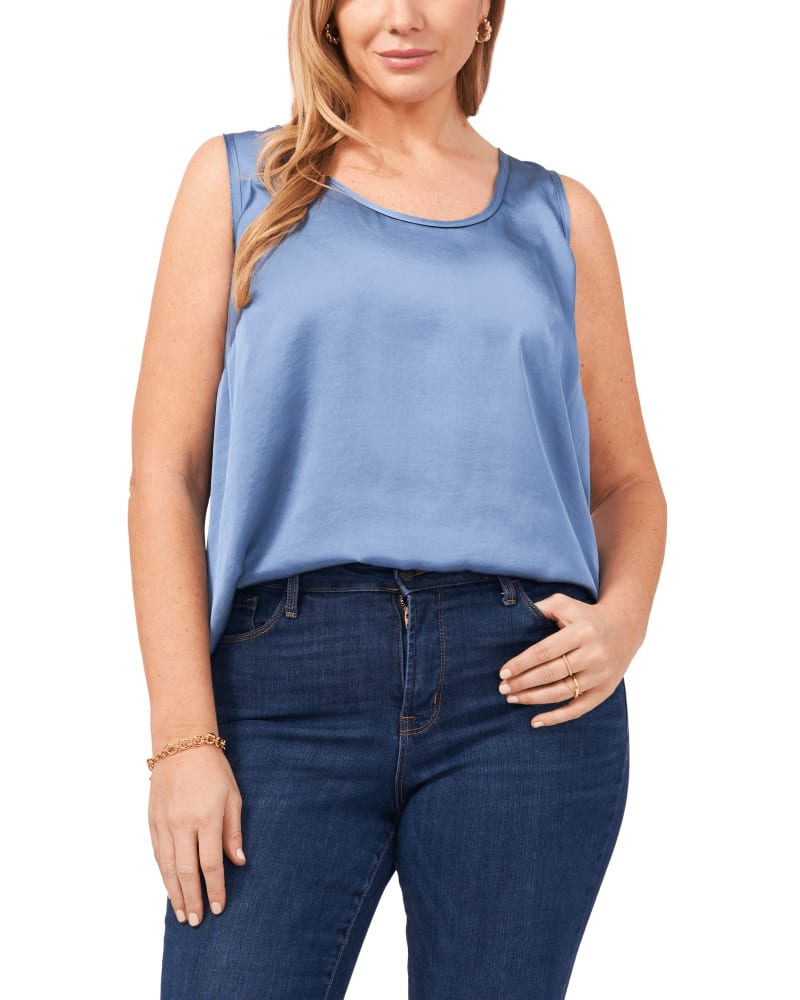 Front of a model wearing a size 0X Tanya Scoop Neck Tank Top in PORCELIN BLUE-414 by 1.State. | dia_product_style_image_id:262555
